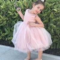 Tea Length Flower Girl Dresses with Pearls - Thumbnail 2