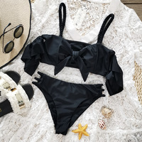 Off Shoulder Ruffles Solid Bikini Set - Thumbnail 3