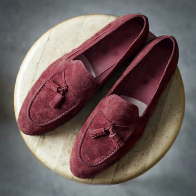 Men Stylish Burgundy Tassels Loafer Suede Handmade Formal Shoes