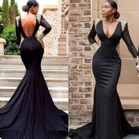 Black Girl Long Sleeve Mermaid Prom Dress Sexy Deep V Neck Gold Appliques Formal Evening Dresses Party Gowns,543 - Thumbnail 1
