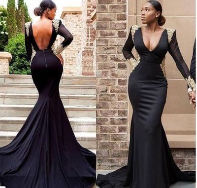Black Girl Long Sleeve Mermaid Prom Dress Sexy Deep V Neck Gold Appliques Formal Evening Dresses Party Gowns,543