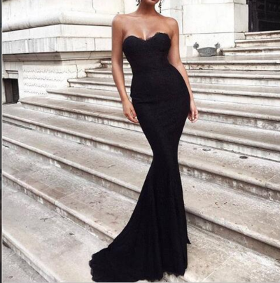 Black Simple Mermaid Long Prom Dress Sweetheart Lace Formal Evening Dresses Party Gowns,546