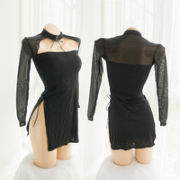 Sexy high slit uniform ice silk turtleneck full chest bow tie strap female perspective skirt - Thumbnail 2