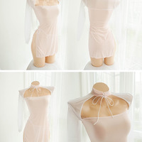 Sexy high slit uniform ice silk turtleneck full chest bow tie strap female perspective skirt - Thumbnail 7