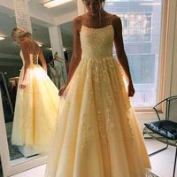 A-Line Scoop Neck Yellow Tulle Lace Prom Dresses,Prom Gowns Evening Party Dresses - Thumbnail 2
