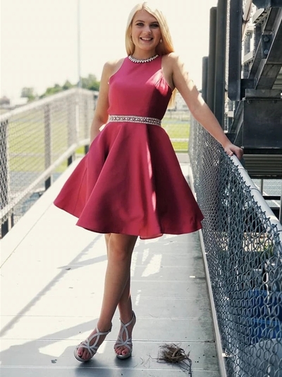Outstanding Satin Jewel Neckline A-line Homecoming Dresses