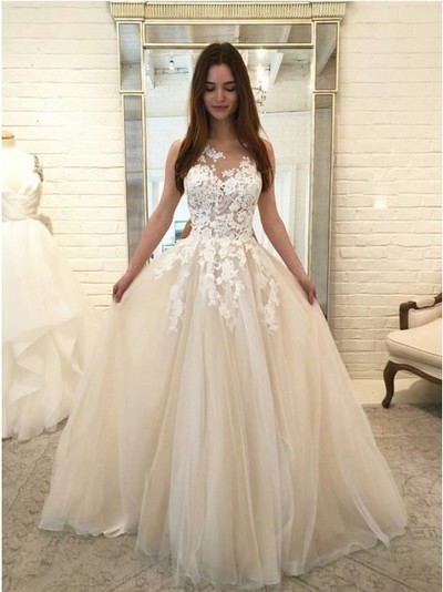 A-Line Crew Floor-Length Ivory Wedding Dress with Appliques