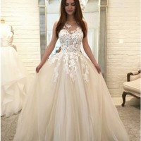 A-Line Crew Floor-Length Ivory Wedding Dress with Appliques - Thumbnail 1