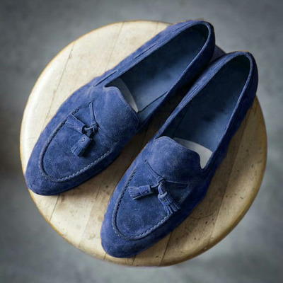 Handmade navy blue tassels loafer suede men formal shoes