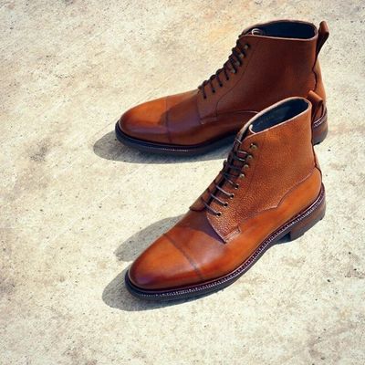 Brown leather cap toe design formal wear ankle high ranger boot - Thumbnail 1