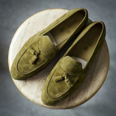 Mens olive green suede formal tassels loafer slips on moccasin shoes