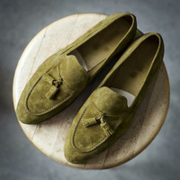 Mens Olive Green Suede Formal Tassels Loafer Slips On Moccasin Shoes - Thumbnail 1