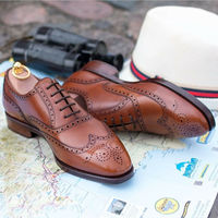 Mens Wingtip Brown Leather Handmade Leather Formal Wear Lace Up Shoes - Thumbnail 4