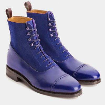 Mens royal blue leather suede cap toe handmade ankle high hiking boot - Thumbnail 1