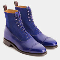 Mens Royal Blue Leather Suede Cap toe Handmade Ankle High Hiking Boot - Thumbnail 1