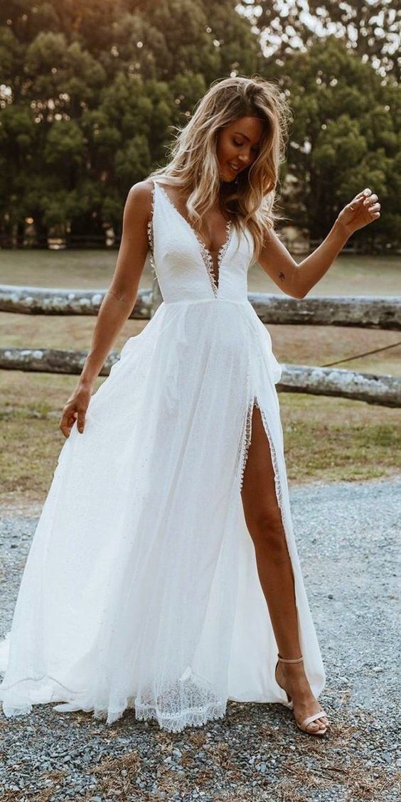 Simple Beach Wedding Dresses V Neck Lace Bridal Gowns,548