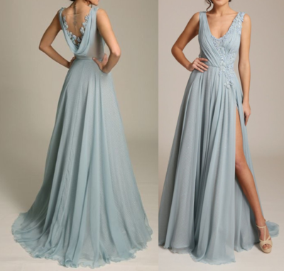 Dusty Blue V Neck Chiffon Evening Gown with Side Split,Sexy Cowl Back Prom/Evening Bridesmaid Dress,550