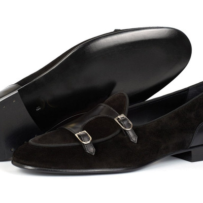 Fashion black leather suede mens hand stitch double monk strap formal wear shoes - Thumbnail 2