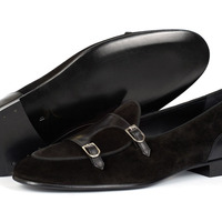 Fashion Black Leather Suede Mens Hand Stitch Double Monk Strap Formal Wear Shoes - Thumbnail 1