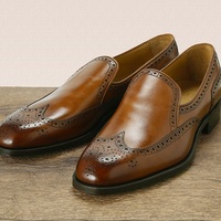 Brown Leather Brogue Design Wingtip Loafers Slips On Moccasin Shoes - Thumbnail 4