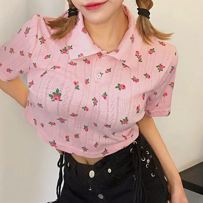 Flower print pink polo shirt