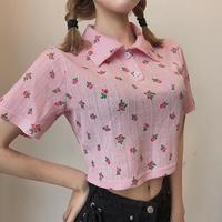Flower Print Pink Polo Shirt - Thumbnail 3