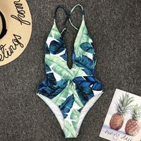 Leaf Print Sexy One-Piece Bikini Swimsuit - Thumbnail 1