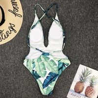 Leaf Print Sexy One-Piece Bikini Swimsuit - Thumbnail 3
