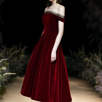 Burgundy velvet short prom dress party dress - Thumbnail 2