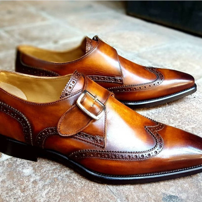 Handmade brown double monk straps leather shoes, men's leather formal shoes - Thumbnail 1