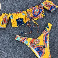 Yellow Puff Sleeve Sexy Bikini Swimsuit Set - Thumbnail 1