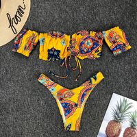Yellow Puff Sleeve Sexy Bikini Swimsuit Set - Thumbnail 2