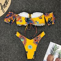 Yellow Puff Sleeve Sexy Bikini Swimsuit Set - Thumbnail 3