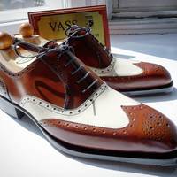 Handmade Brown & White Leather Shoes, Men's Wing Tip Lace Up Formal Shoes - Thumbnail 1
