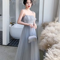 Gray tulle sequins long prom dress party dress - Thumbnail 2