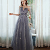 A line tulle sequins long prom dress - Thumbnail 1