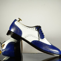 Handmade Blue & White Leather Shoes, Men's Wing Tip Lace Up Formal Shoes - Thumbnail 2
