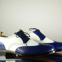 Handmade Blue & White Leather Shoes, Men's Wing Tip Lace Up Formal Shoes - Thumbnail 1