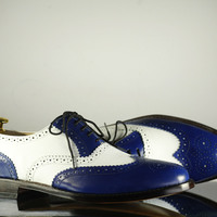 Handmade Blue & White Leather Shoes, Men's Wing Tip Lace Up Formal Shoes - Thumbnail 3