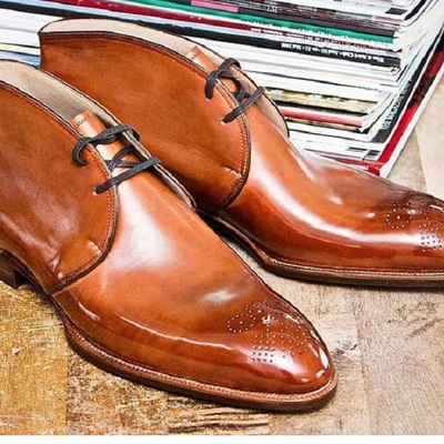 Handmade men's best cognac chukka leather dress custom made formal boots - Thumbnail 2