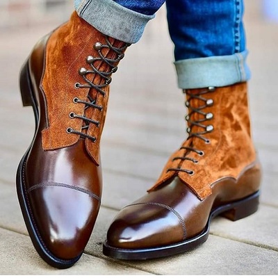 Handmade men's ankle high leather two tone brown boots custom made boots for men - Thumbnail 2