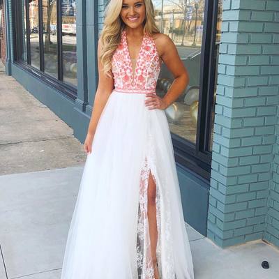 Cute a line halter white lace prom dresses with pink embroidery - Thumbnail 3
