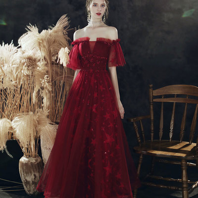 Burgundy sequins long prom dress - Thumbnail 4