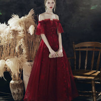 Burgundy sequins long prom dress - Thumbnail 3