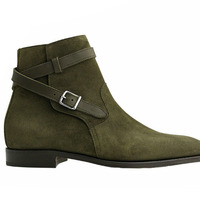 Men,s Olive Green Jodhpurs Suede Ankle Boots. Men Dress Buckle Fashion Boot - Thumbnail 2