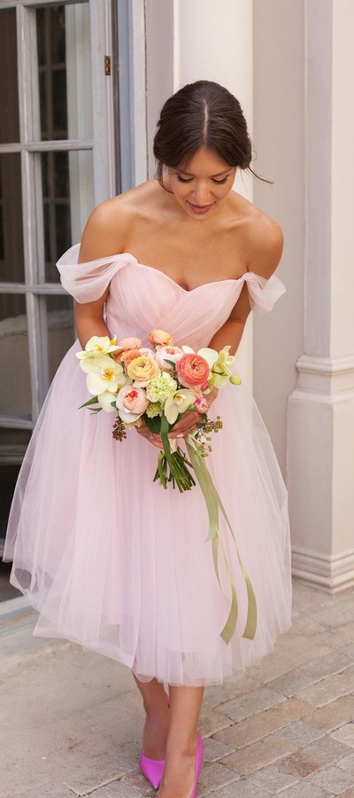 Cute Tea Length A Line Off Shoulder Pink Tulle Bridesmaid Dresses