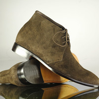 Men,s Brown Half Ankle Suede Boots. Men Dress Lace Up Fashion Boota - Thumbnail 1