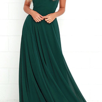 Sheath Straps Dark Green Chiffon Long Bridesmaid Dress with Criss Cross Back - Thumbnail 1