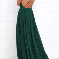 Sheath Straps Dark Green Chiffon Long Bridesmaid Dress with Criss Cross Back - Thumbnail 2
