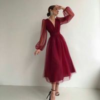 Vintage A-Line V Neck Long Sleeves Black Tea Length Prom Dresses - Thumbnail 2